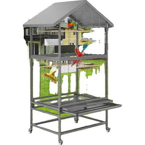 Jaula para pájaros, acero forjado, 80 cm de ancho x 60 cm de profundidad x 167 cm de alto, apta para cacatúas y agapornis, bandeja de fácil limpieza, ruedas giratorias de 360°. (1/5)