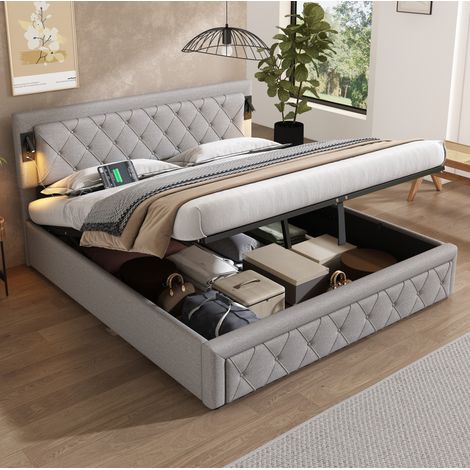 Bett mit Stauraum aus Leinen Grau 180x200 cm, mit USB, Downlight und Holzlattenrost (1/5)