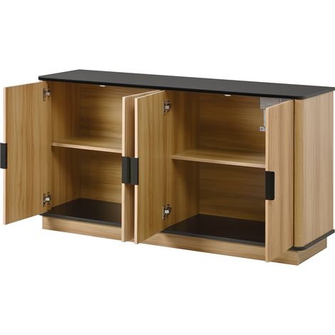 Buffet 4 portes, rainures verticales, aspect bois, meuble de rangement pour salon, entrée, salle à manger (1/5)