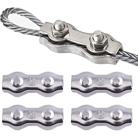 Serre Cable Acier, Serre Corde, Duplex Clips, M3 Double Serre-Câbles, Double Serre Câbles Inox, M3 Serre-Câbles en Acier Inoxydable pour la fixation d'un auvent de corde à linge, 4 Pièces