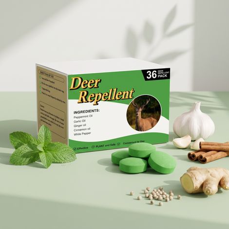 Abwehrtabletten gegen Rehe und Kaninchen für den Außenbereich. Die frische und milde Formel ist ideal für Gärten und sorgt für ungestörten Schutz. Jede Packung enthält 36 Tabletten und 2 Netzbeutel. - (1/5)
