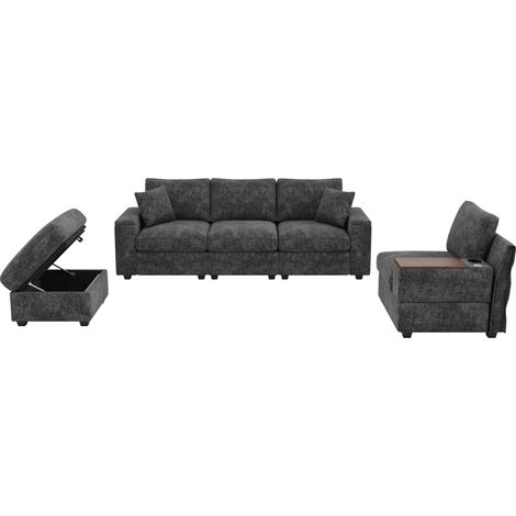 Canapé d'angle modulaire en chenille grise avec ottomane, rangement intégré, ports USB/Type-C et table basse pivotante (1/5)