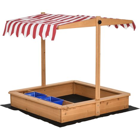 Bac à sable enfant bois 107,5x107,5 cm avec couvercle réglable en hauteur, pour jardin terrasse balcon 3-7 ans