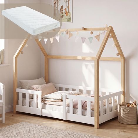 Hausbett Sisimiut im Montessori-Stil mit Matratze und Rausfallschutz 70x140 cm Weiß/Natur [en.casa] (1/5)