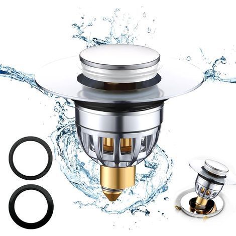 Stainless steel sink plug, pop-up universal drain plug, improved drain plug, anti-blocking drain filter, pull-type sink drain, for bathtub, kitchen, washbasin (34-40mm drain hole) (1/5)
