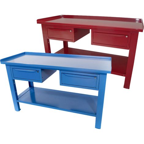 Banco da lavoro SOGI 1,5 metri con piano in acciaio portata 1000 kg + 2 cassetti - blu/rosso, ColoreBlu (1/5)