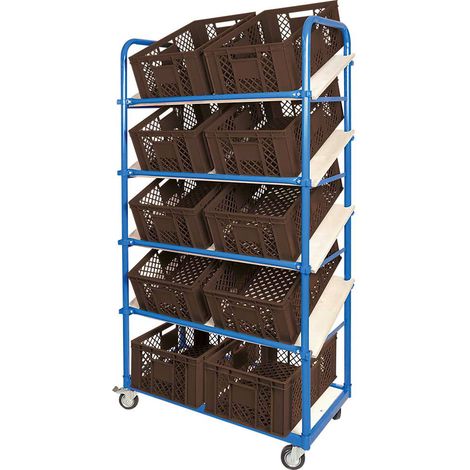 BRB Schrägboden-Regalwagen mit 5 Ebenen, 4 Lenkrollen, bestückt mit 10 Euroboxen durchbrochen 600x400x240 mm braun