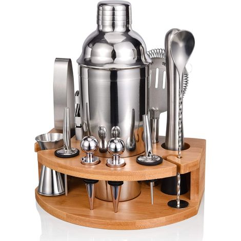 12 Ensemble de bar, Acier inoxydable, Support en bambou, Outils de cocktail, Pour maison et fête