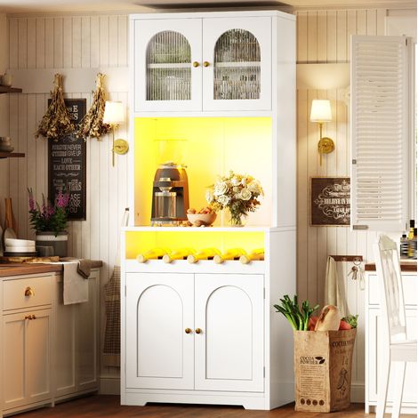 Credenza alta 70x38.3x180 cm, vetrina con luci RGB, portabottiglie, ripiani regolabili, MDF e metallo bianco (1/5)