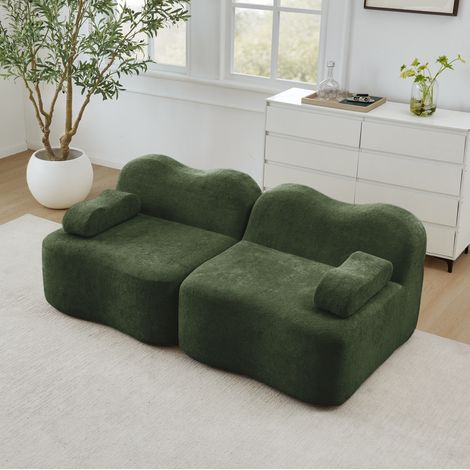 Canapé modulaire 2 places en velours vert, forme ondulée, assise profonde, sans montage (1/5)