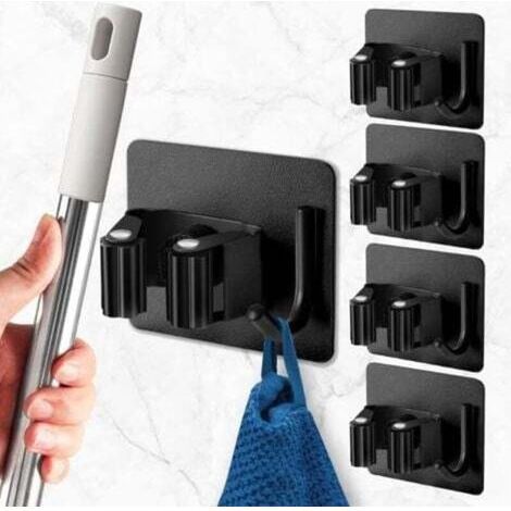 4 Pièces Accroche Balai Mural Noir, Porte Balais Mural sans Percage, Support Balais Mural Adhesif avec Crochet, Range Balai Acier Inoxydable, Porte Outils Mural pour Cuisine, Garage, Jardin (1/4)