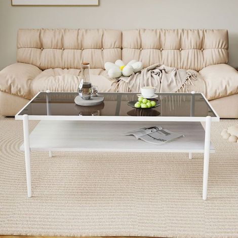 Table Basse verre trempé forme rectangulaire pieds en métal gris et blanc style moderne (1/5)
