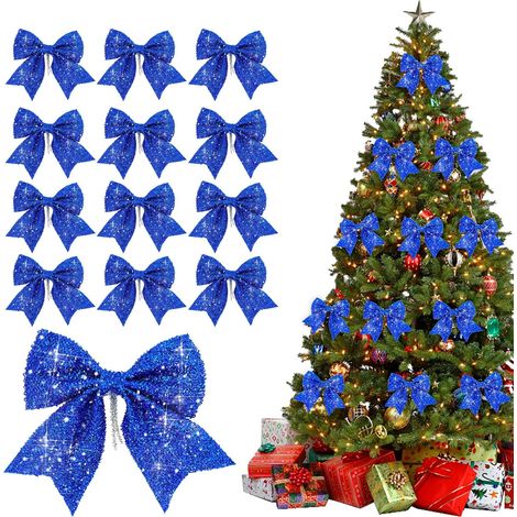 12 nœuds sapin pailletés bleus, décoration arbres fêtes mariages coffrets cadeaux Noël (1/4)