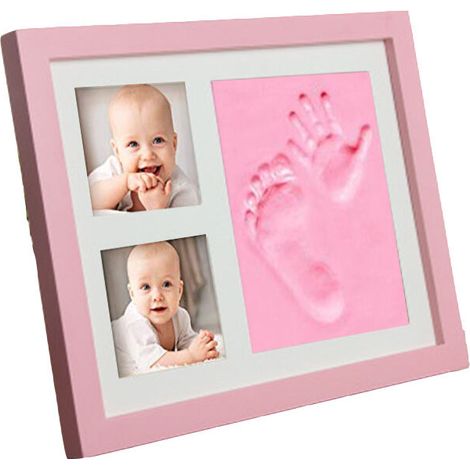 Baby Foot and Handprint Kit - Wooden Frame, Acrylic Glass, Support for 2 Photos - Gift Idea for Children, New Moms and Dads (pink frame)