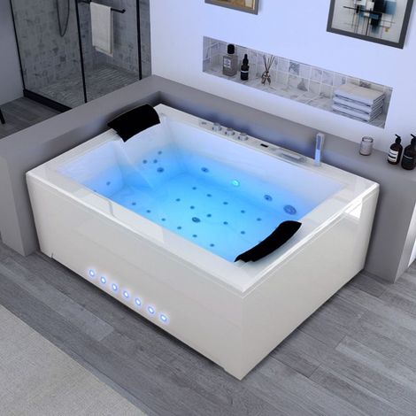 Distribain – Baignoire balnéo rectangulaire 2 places 180x140x70cm – 40 jets hydromassants – Acrylique renforcé – Chromothérapie avec 2 spots (1/5)