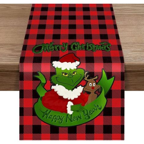 Chemin de table en lin, nappe décorative de Noël Grinch, verte, 33 x 90 cm, décoration de table hivernale (1/5)