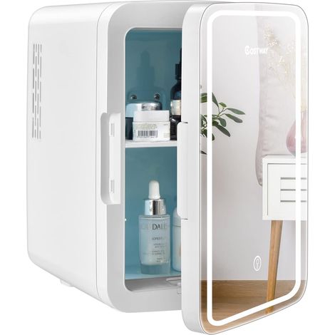 COSTWAY Mini Nevera Portátil 10 L AC/DC con Espejo LED, Repisas Removibles para Maquillaje Bebidas, Frigorífico Compacto, Nevera Termostática y Calentamiento para Coche y Dormitorio
