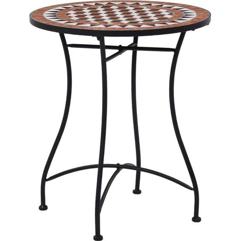 Table d'appoint ronde en céramique marron 60 cm, style rétro français avec motif mosaïque (1/5)
