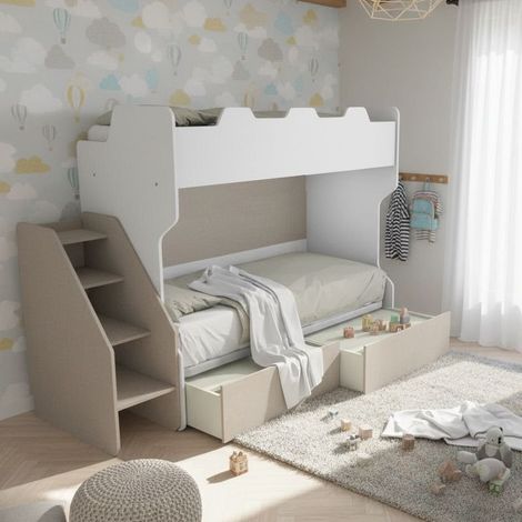 Letto a castello salvaspazio con terzo letto estraibile e scala laterale - Ideale per camerette - bianco e tessuto