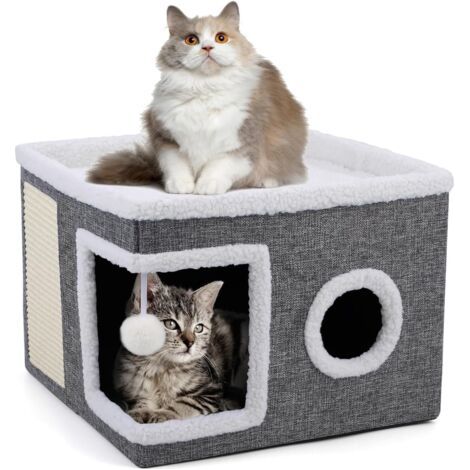 Niche pliable pour chat, grands chats d'intérieur, 43 P x 43 L x 32 H cm, grande grotte pour chat avec griffoir et balle de jeu, cube pour chat à 2 couches, grotte pour chat pour petits et moyens anim (1/5)