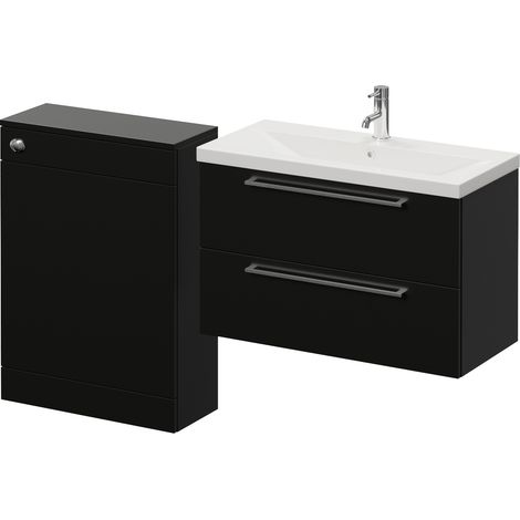 Napoli 390 Cento Matt Black 1400mm Wall Mounted 2 Drawer Vanity Unit and Toilet Suite with Glide Basin - 1400mm - Chrome 480mm HandleWithout Kingston Toilet Pan