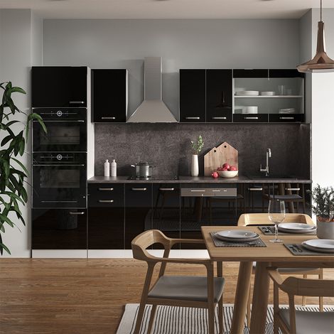 Küche R-Line, Schwarz Hochglanz/Weiß, 300 cm mit Hochschrank, ohne Arbeitsplatte, Vicco
