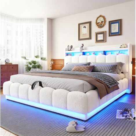 Lit coffre 180 x 200 cm avec rangement hydraulique, LED, USB, blanc HAVRYA (1/5)