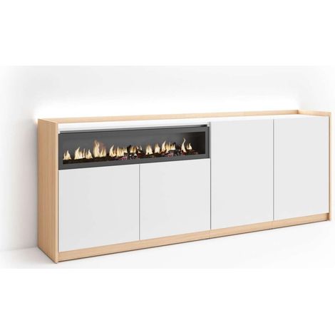 Aparador Almáchar-01 de 207x80x37 cm con 4 puertas, chimenea y luces LED, blanco y roble soft (1/4)