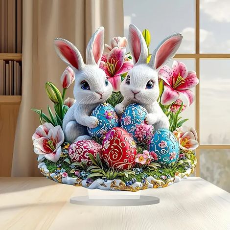 Ornement Œuf De Pâques - Statue Lapin Acrylique 2D - Décoration De Bureau Et Intérieur - Centre De Table Printanier - Lot De 1 (1/5)