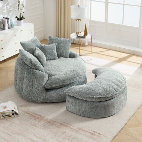 Canapé lounge XXL 1 place 190,5x138x63 cm, chaise longue ronde en polyester, assise profonde en mousse haute densité, coussins, sans montage, bleu (1/5)