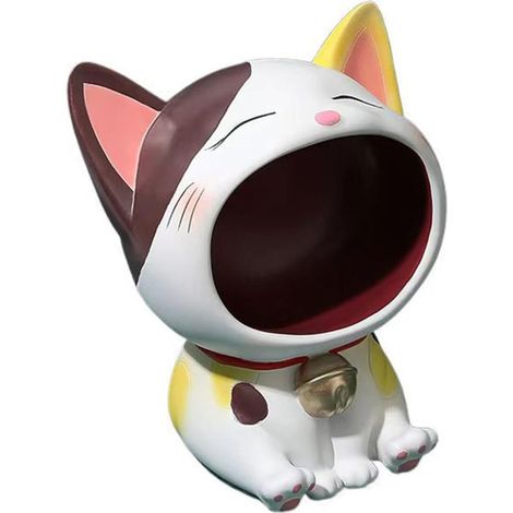 Chat Porte-clés Résine Chat Porte-Bonheur, Bol à Clés Décoratif, Soucoupe à Bonbons Amusante pour Entrée (Chat Double Couleur, Grande Capacité de Rangement) (1/5)