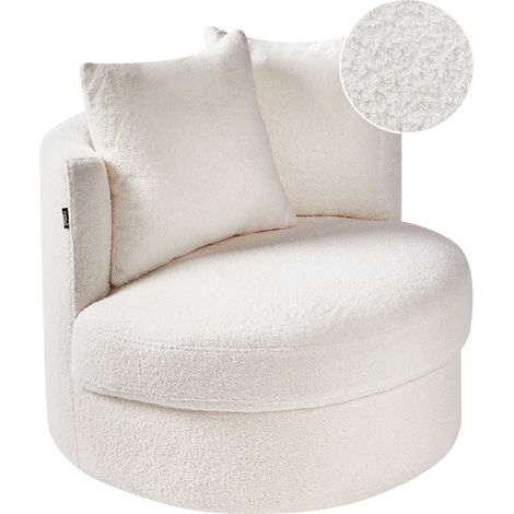Sillón moderno glamour respaldo redondo bouclé base giratoria hierro con dos cojines blanco Dalby