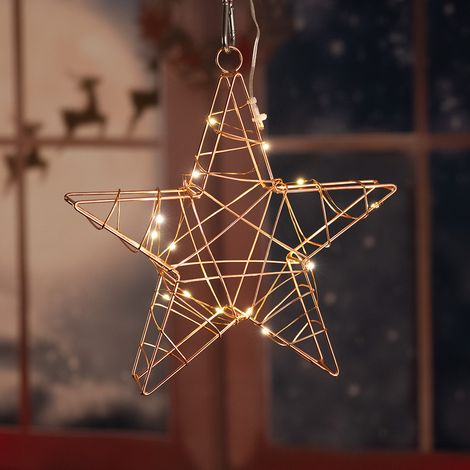 Stella di Natale in rame, decorazione natalizia, rete metallica, stella dell'Avvento, soggiorno, metallo, batterie, 15x LED, LxLxA 26x5x25 cm
