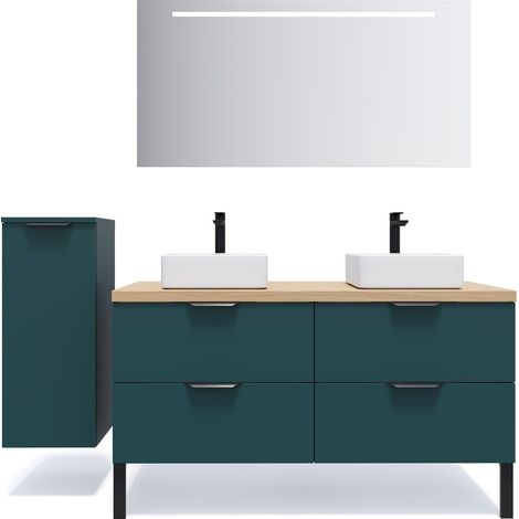 Meuble de salle de bain suspendu 2 vasques à poser 140cm 4 tiroirs Bleu + miroir + colonne ouverture gauche - Soho (1/5)