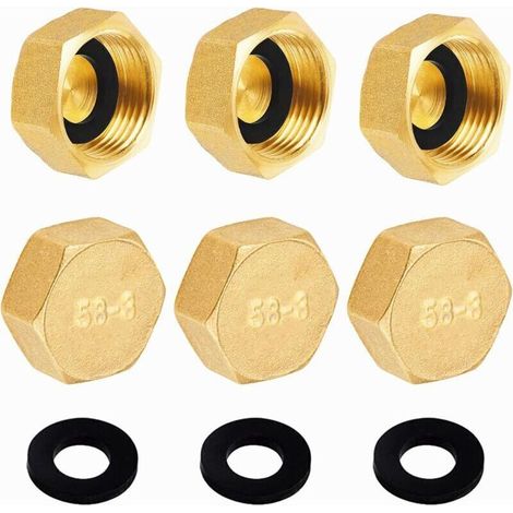 6 Pièces Bouchons laiton brut, Bouchon Laiton Femelle 15/21 (1/2"), Bouchons en Laiton, Bouchons d'obturation, avec Rondelles de Support de Tuyau, pour le chauffage et l'eau potable (1/4)