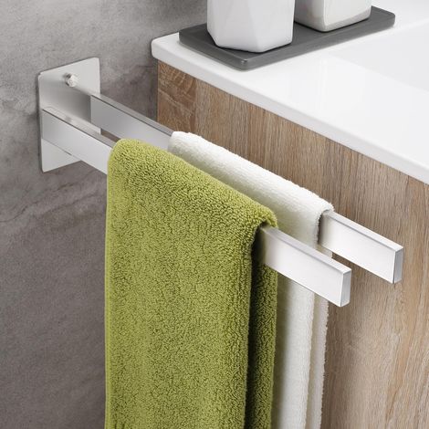 Porte-Serviettes Double en Acier Inoxydable- Carré - Argenté brossé - Porte-Serviettes Mural à Deux Bras - 38 cm - pour Salle de Bain et Cuisine (1/5)