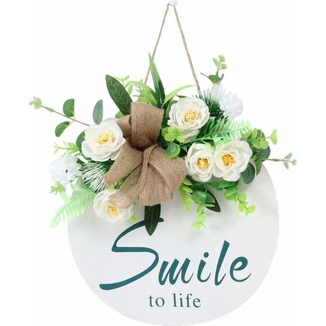 royaluxe- Panneau de bienvenue en bois avec crochets et fleurs artificielles à suspendre, guirlande à bords lisses, couronne pour porte d'entrée, décoration murale de ferme, 30 cm, blanc (1/5)