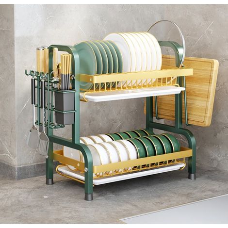 Égouttoir vaisselle double niveau Darmlink vert – Acier inoxydable, grande capacité, avec plateau d’égouttage, pour assiettes et bols
