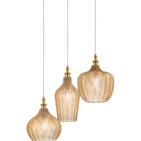 Cleofe - Suspension 3 lumières en verre ambré transparent et laiton - 3XE27 max 3X60W, déco style vintage