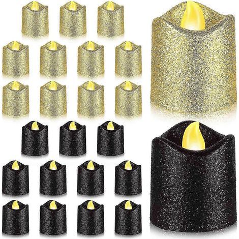 Lot de 24 bougies votives dorées sans flamme à paillettes noires - Bougies chauffe-plat LED pour une décoration intérieure et événementielle élégante (1/5)