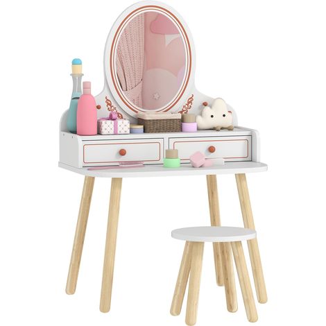 Beyamis Kinder-Schminktisch-Set, Schminktisch mit Hocker, Spiegel, Schubladen und Kleiderstangen für Kinder von 3–8 Jahren, 56 x 38 x 87,8 cm, Weiß