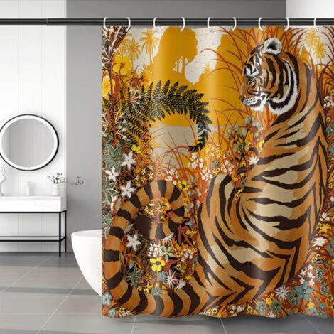 180 x 200cm Shower Curtain with 12 Hooks Quick Drying (Tiger), Machine Washable Waterproof Polyester Fabric, Bathroom Curtains (1/4)