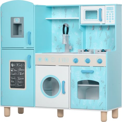 Cuisine en bois pour enfants avec son poêle, machine à glace bleue, robinet four, évier, micro-ondes, machine à laver