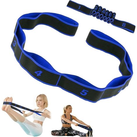 Elastischer Yogagurt – 1 Stück – Verstärktes, weiches Material – 8 Schlaufen für präzises Dehnen – Fitness, Pilates, Rehabilitation – Blau (1/5)