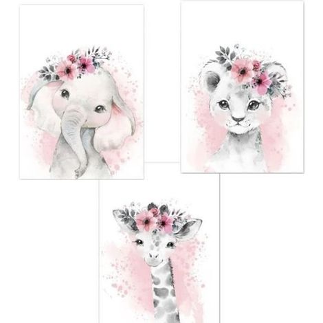 3 Affiches Animaux Chambre Bebe Fille Rose Tableau Poster Girafe Elephant Lion Mural Enfant Deco Sans Cadre,20x30cm (1/4)
