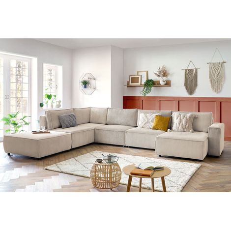 BOBOCHIC - Canapé d'angle fixe modulable XL NIHAD tissu velours côtelé avec pouf Angle droit Beige (1/5)