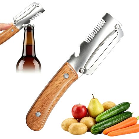 Économe multifonction 3 en 1 poignée bois avec râpe julienne Ouvre-bouteille, coupe julienne, acier résistant facile à nettoyer (1/5)