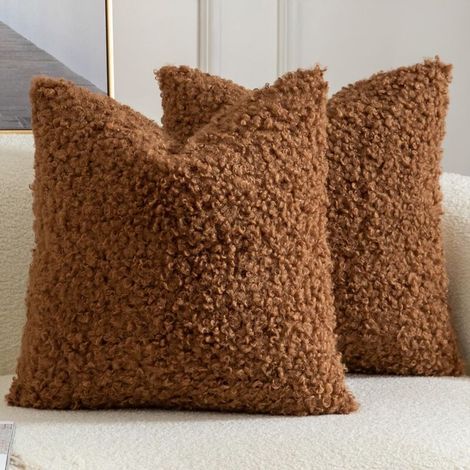 2er Set Kissenbezug Teddywolle Faux Pelz Dekorative Kissenbezüge Plüsch Bouclé Sofakissen Couchkissen Dekokissen Zierkissenbezug Deko Kissenhülle Schlafzimmer Wohnzimmer 40x40 cm Braun (1/5)
