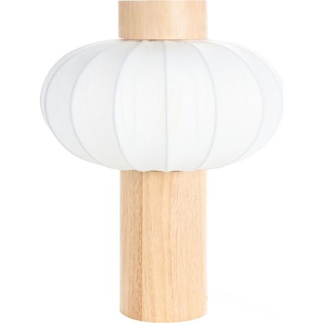 Lampada da tavolo moderna in legno di gomma con paralume in nylon di forma rotonda marrone chiaro Abens