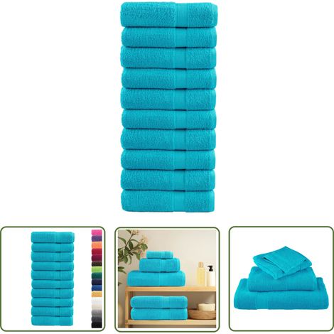 The Living Store Essuie-mains de qualité supérieure SOLUND 10 pcs turquoise - Essuie Mains - Serviette Main - Serviettes De Toilette - Coton - Bleu (1/5)